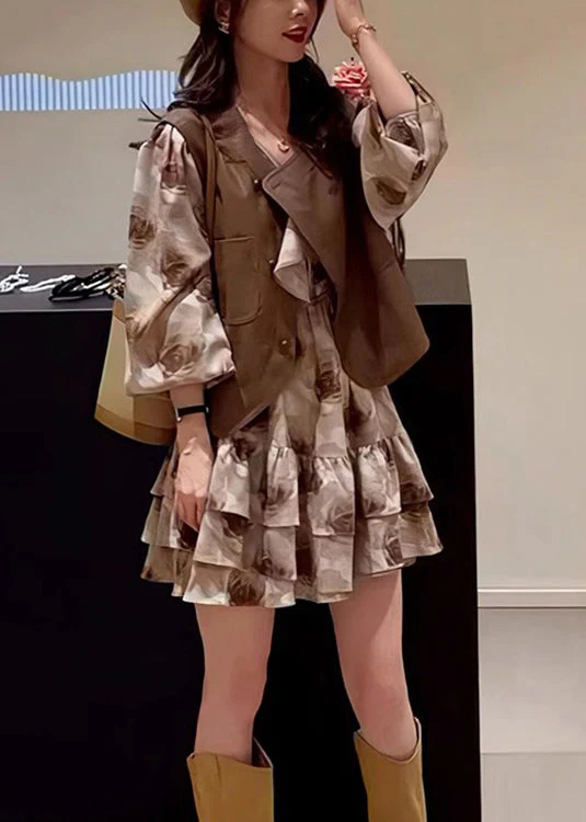 Fashion Coffee Button Patchwork Waistcoat And Dress Two Pieces Set Spring - Image 3