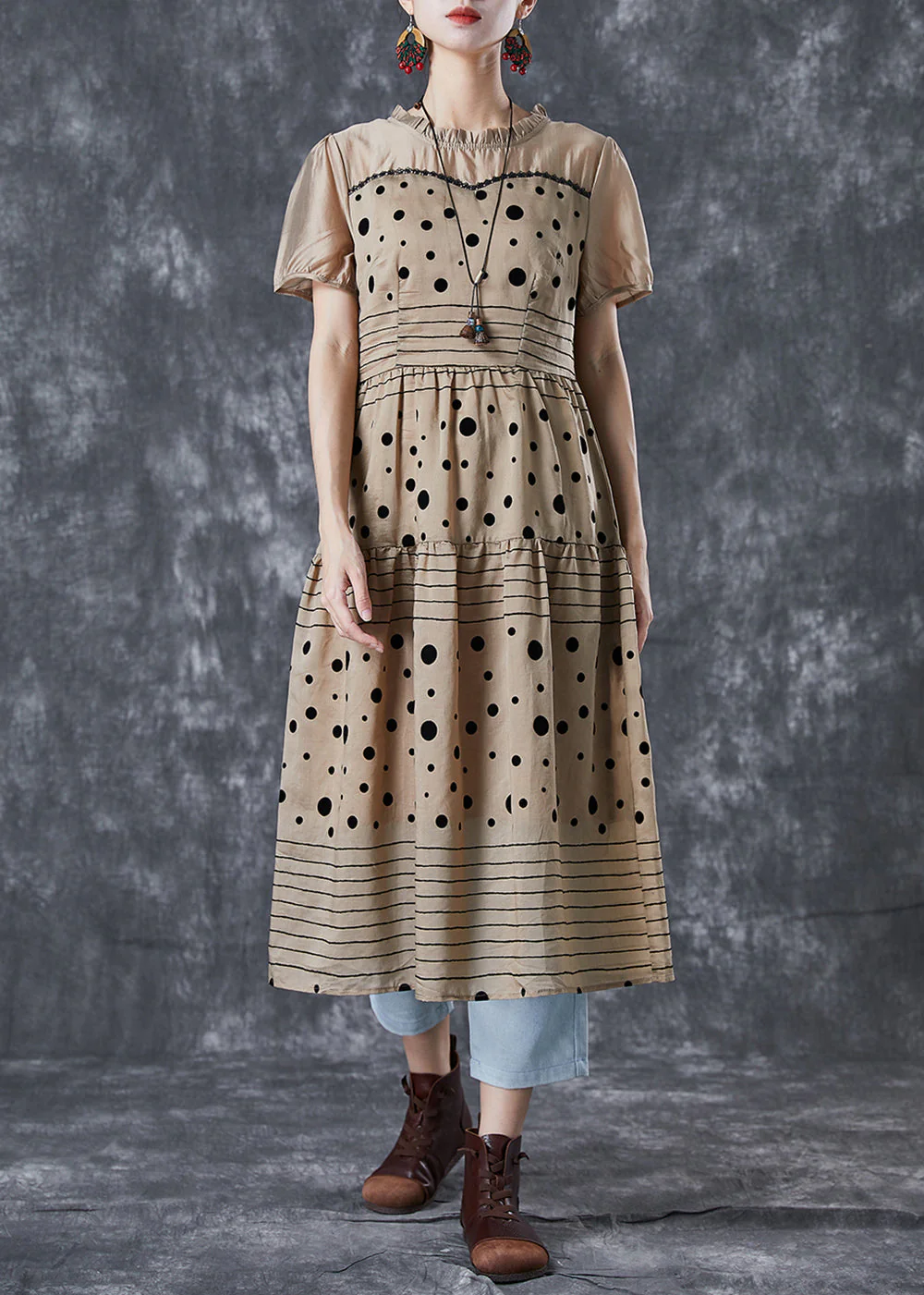 Fashion Coffee Ruffled Patchwork Print Chiffon Dress Summer - Image 2