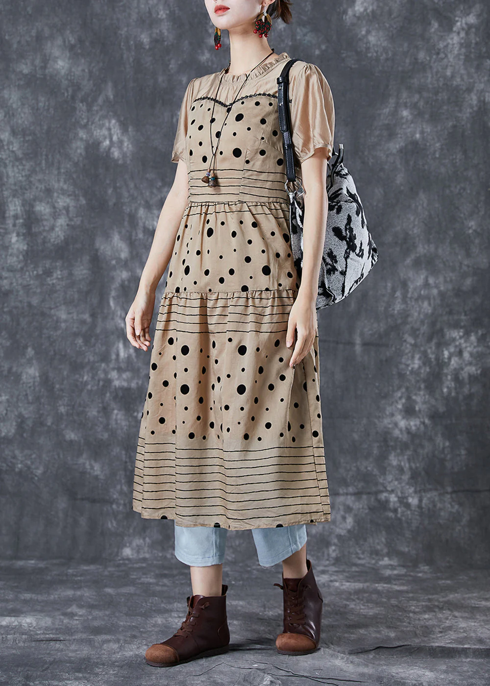 Fashion Coffee Ruffled Patchwork Print Chiffon Dress Summer - Image 3