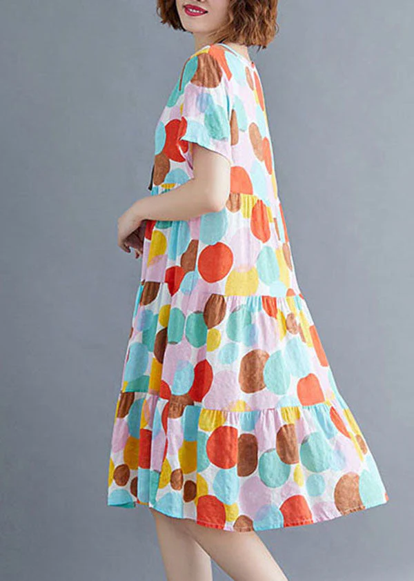 Fashion Colorblock O-Neck Dot Print Cotton Pleated Dresses Short Sleeve - Image 3