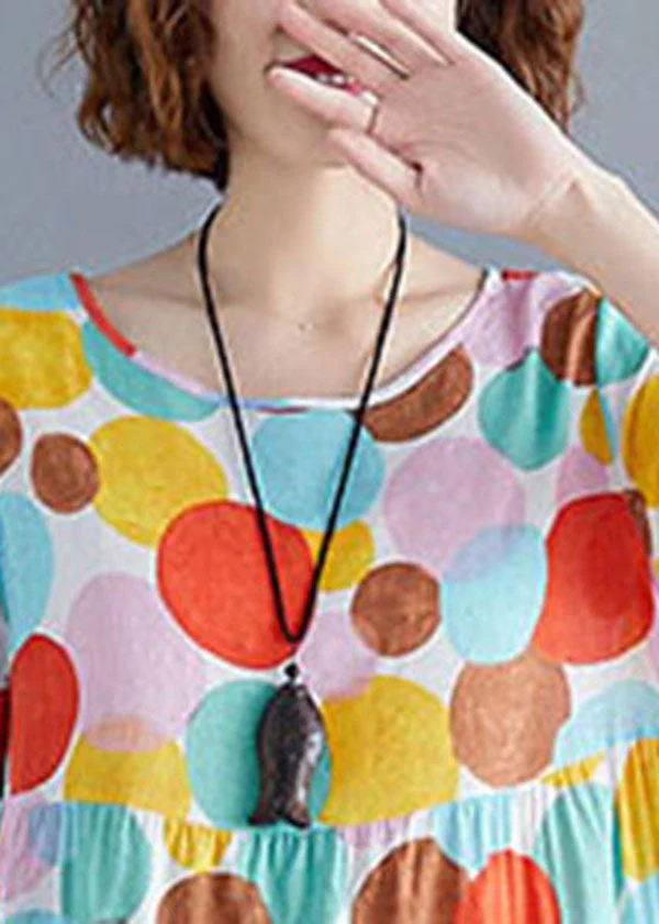 Fashion Colorblock O-Neck Dot Print Cotton Pleated Dresses Short Sleeve - Image 4