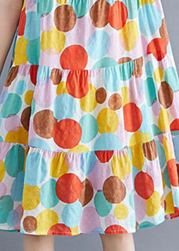 Fashion Colorblock O-Neck Dot Print Cotton Pleated Dresses Short Sleeve - Image 5