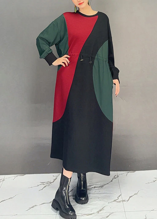 Fashion Colorblock O Neck Drawstring Cotton Dress Fall - Image 3