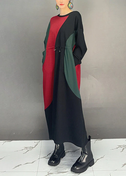 Fashion Colorblock O Neck Drawstring Cotton Dress Fall - Image 4