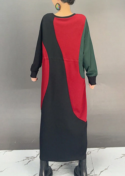 Fashion Colorblock O Neck Drawstring Cotton Dress Fall - Image 5