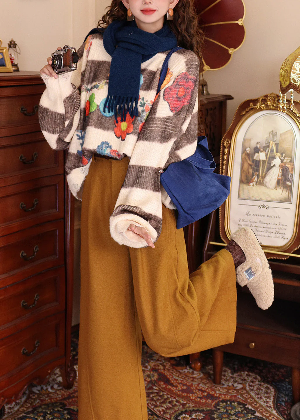 Fashion Colorblock O Neck Print Knit Pullover Batwing Sleeve - Image 3