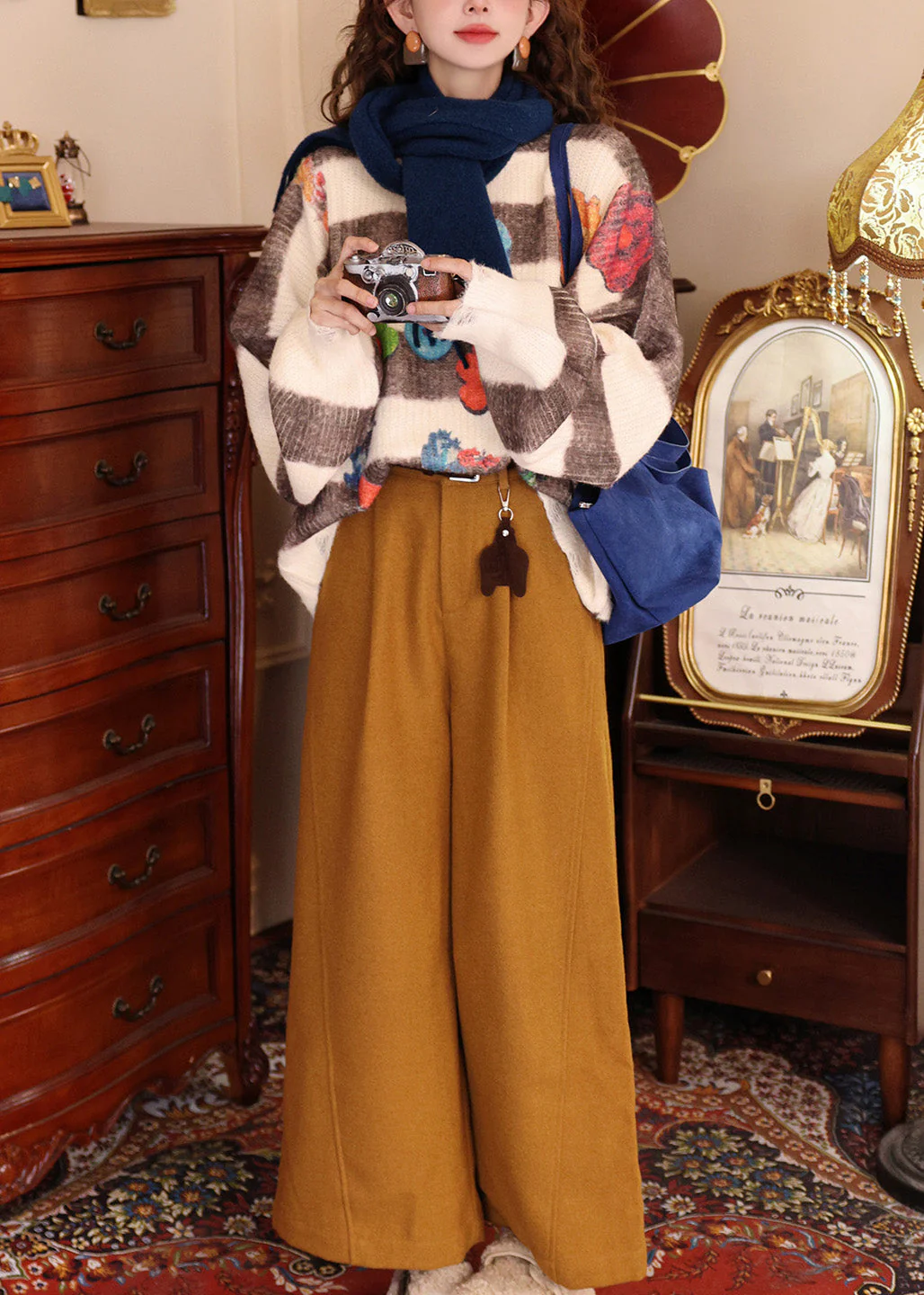 Fashion Colorblock O Neck Print Knit Pullover Batwing Sleeve - Image 4
