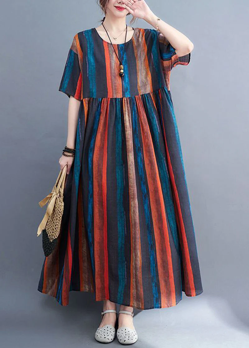 Fashion Colorblock Oversized Striped Linen Dresses Summer - Image 3