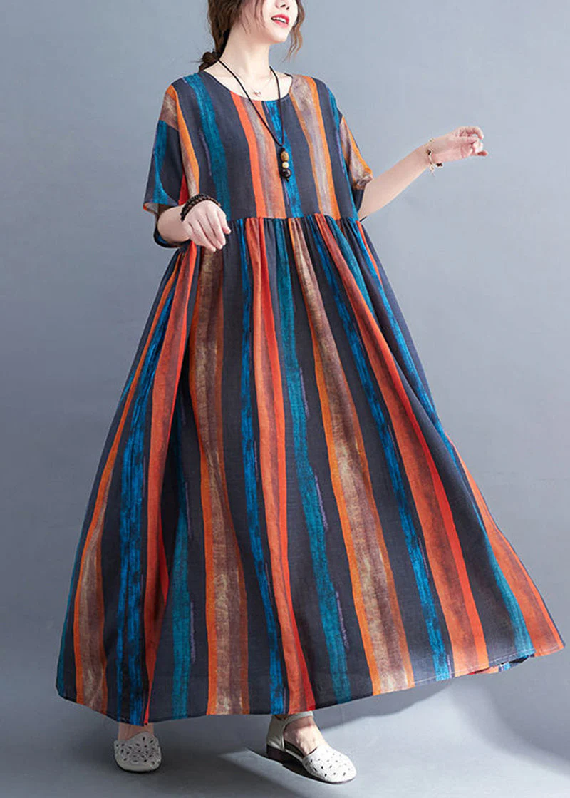 Fashion Colorblock Oversized Striped Linen Dresses Summer - Image 4