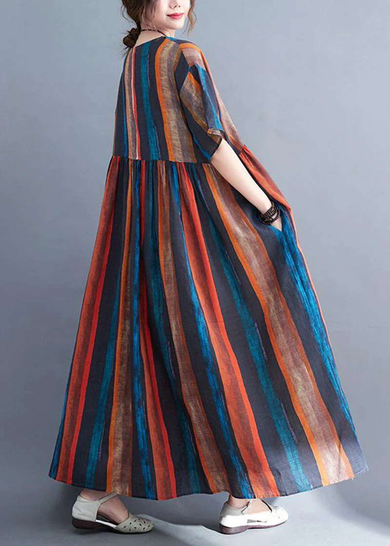 Fashion Colorblock Oversized Striped Linen Dresses Summer - Image 5
