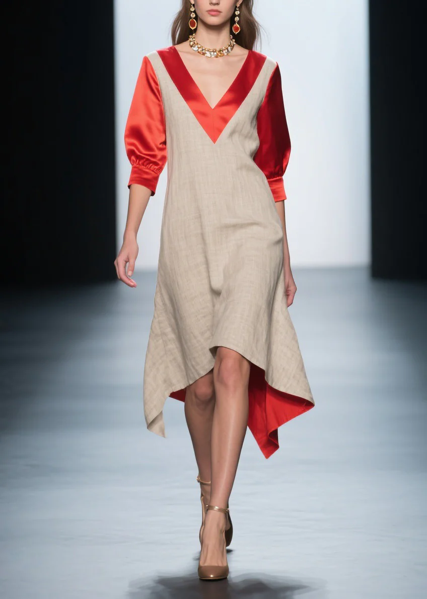 Fashion Colorblock V Neck Patchwork Linen Silk Dresses Summer - Image 3