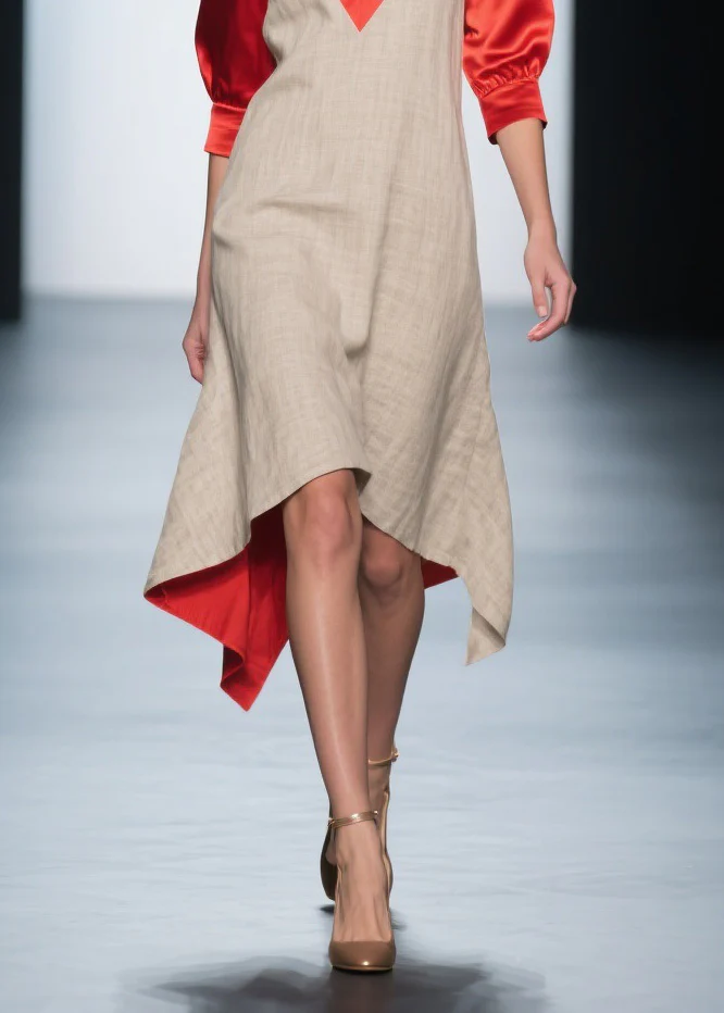 Fashion Colorblock V Neck Patchwork Linen Silk Dresses Summer - Image 4