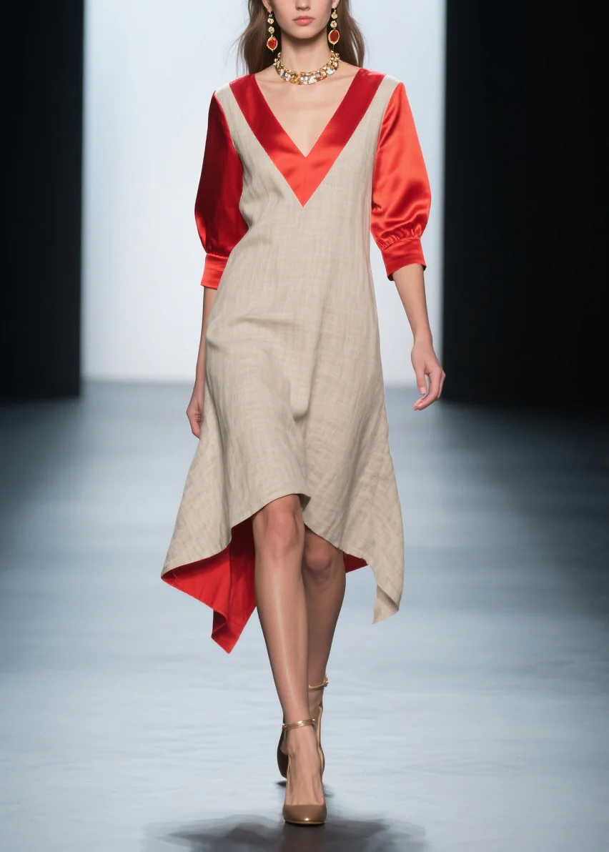 Fashion Colorblock V Neck Patchwork Linen Silk Dresses Summer - Image 5