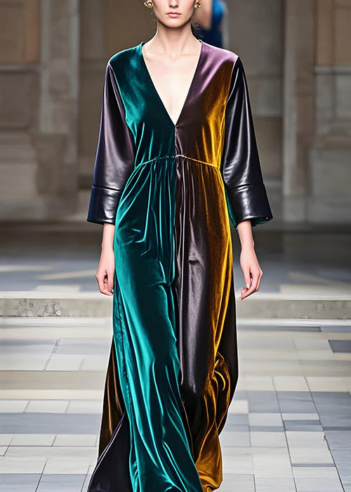 Fashion Colorblock V Neck Patchwork Velvet Dresses Long Sleeve - Image 2