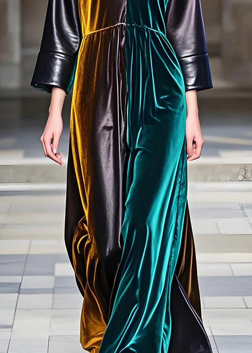 Fashion Colorblock V Neck Patchwork Velvet Dresses Long Sleeve - Image 5