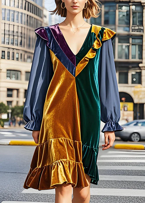 Fashion Colorblock V Neck Ruffled Patchwork Velvet Dress Fall - Image 2