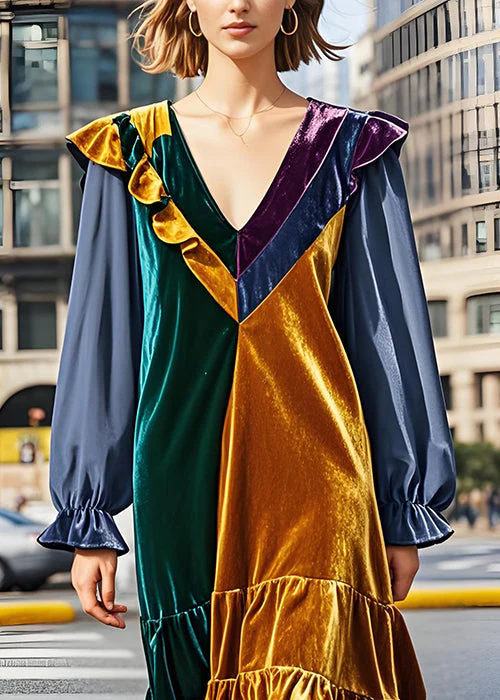 Fashion Colorblock V Neck Ruffled Patchwork Velvet Dress Fall - Image 3