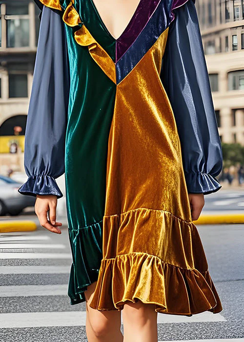 Fashion Colorblock V Neck Ruffled Patchwork Velvet Dress Fall - Image 4