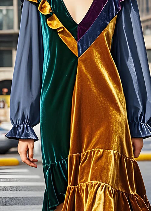 Fashion Colorblock V Neck Ruffled Patchwork Velvet Dress Fall - Image 5
