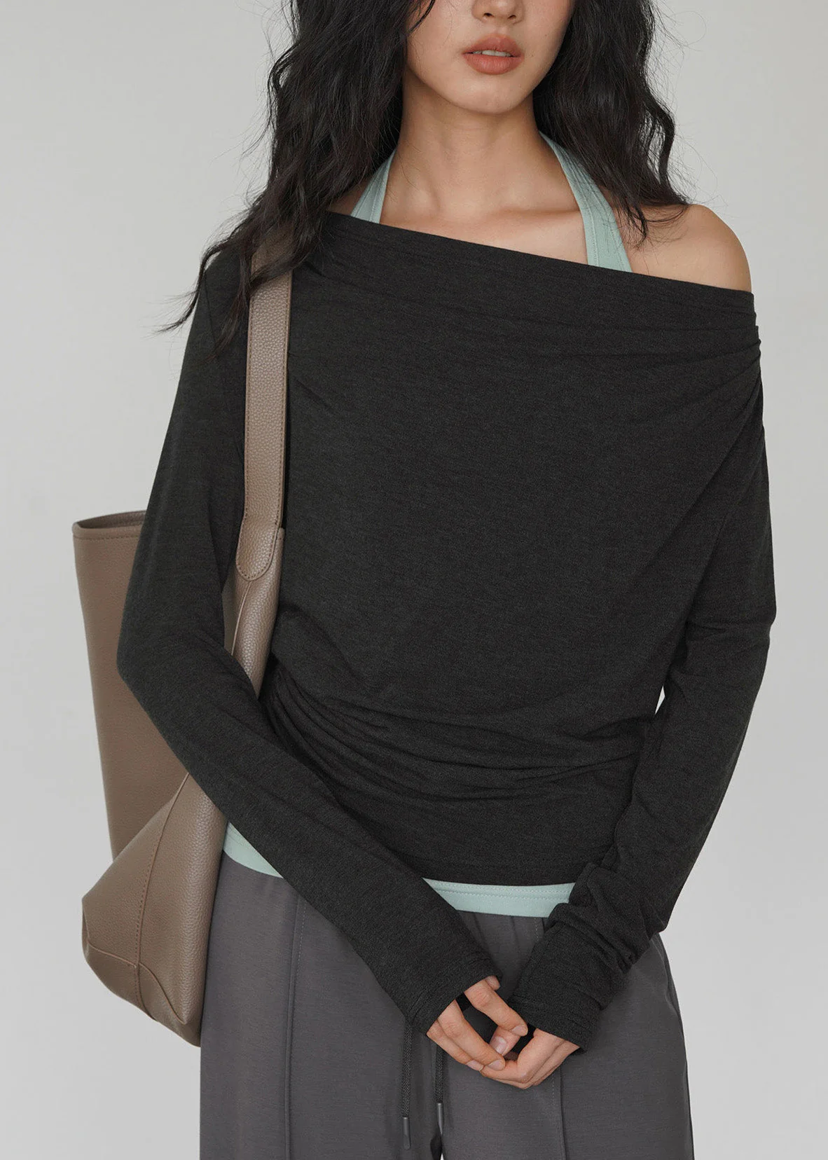 Fashion Dark Gray Off Shoulder TopAnd Light Green Interior Layered Set