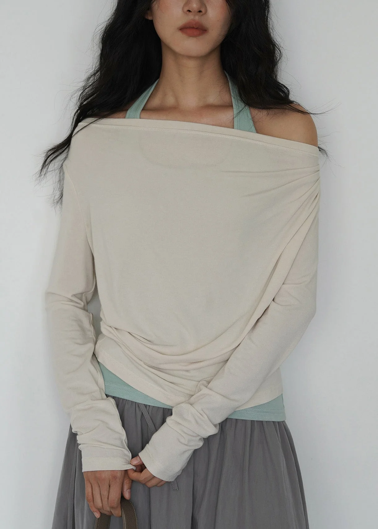 Fashion Dark Gray Off Shoulder TopAnd Light Green Interior Layered Set - Image 2