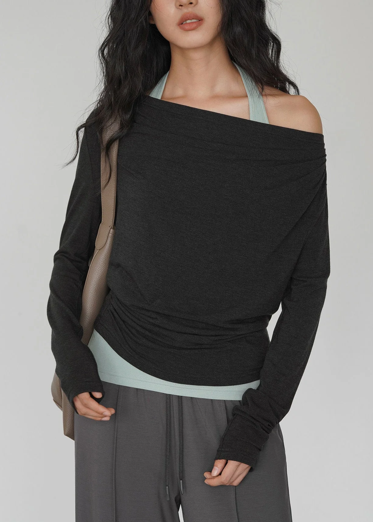 Fashion Dark Gray Off Shoulder TopAnd Light Green Interior Layered Set - Image 3