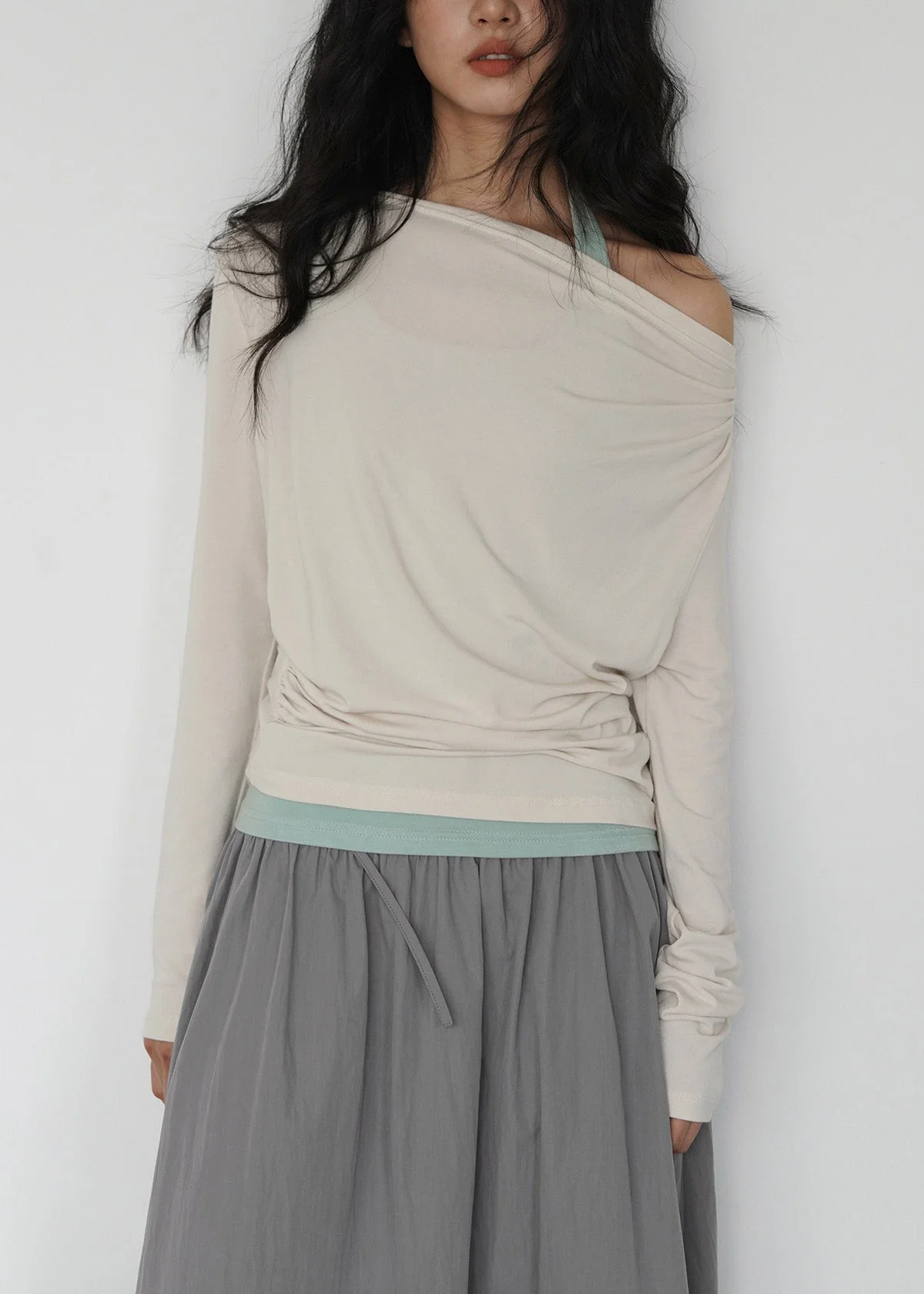 Fashion Dark Gray Off Shoulder TopAnd Light Green Interior Layered Set - Image 4