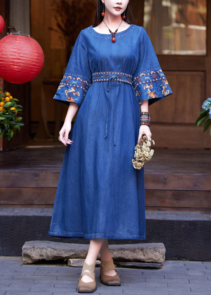 Fashion Denim Navy Patchwork Tie Waist Maxi Dress Flare Sleeve - Image 2