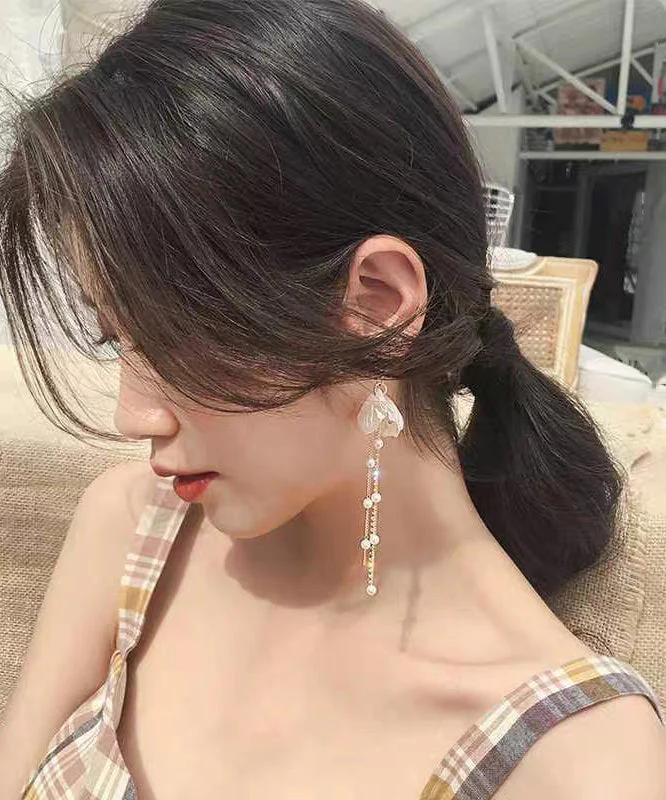 Fashion Gold Acrylic Alloy Pearl Petal Tassel Drop Earrings - Image 3