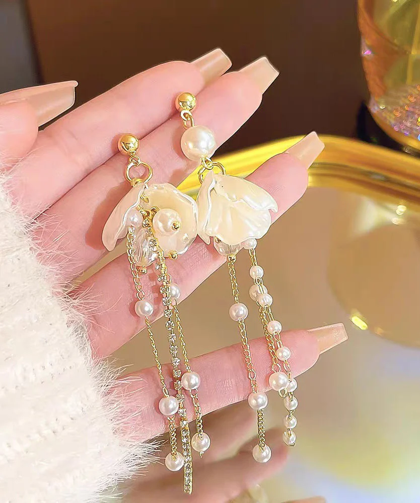 Fashion Gold Acrylic Alloy Pearl Petal Tassel Drop Earrings - Image 4