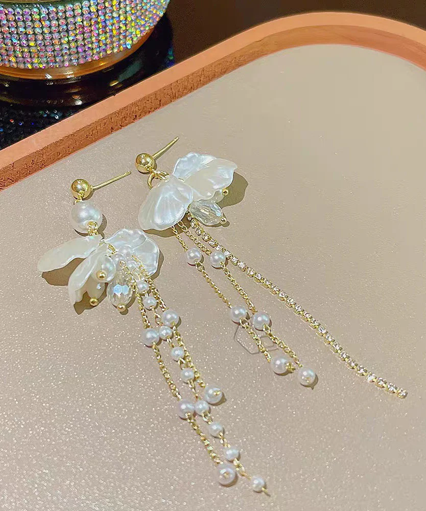 Fashion Gold Acrylic Alloy Pearl Petal Tassel Drop Earrings - Image 5