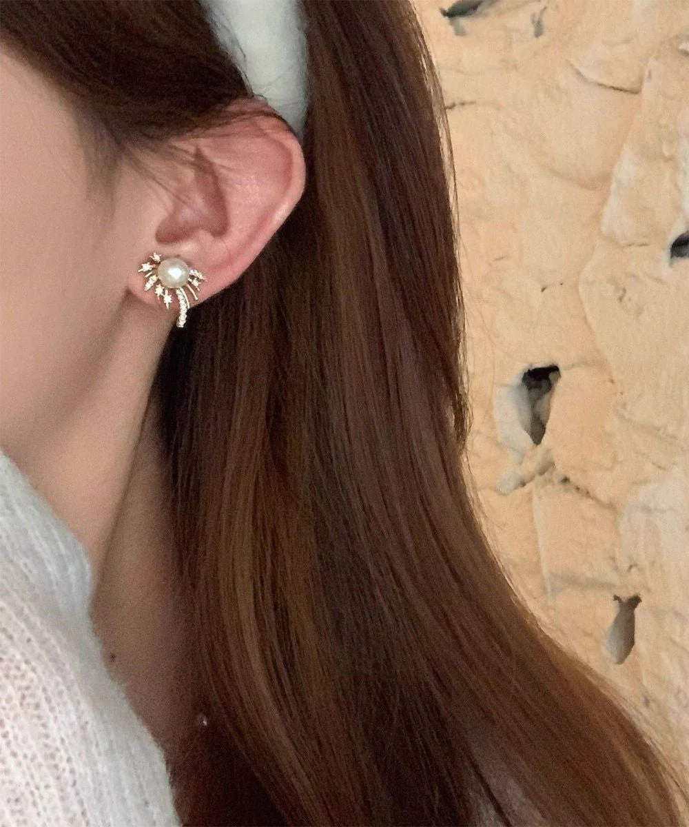 Fashion Gold Alloy Zircon Pearl Fireworks Stud Earrings - Image 2