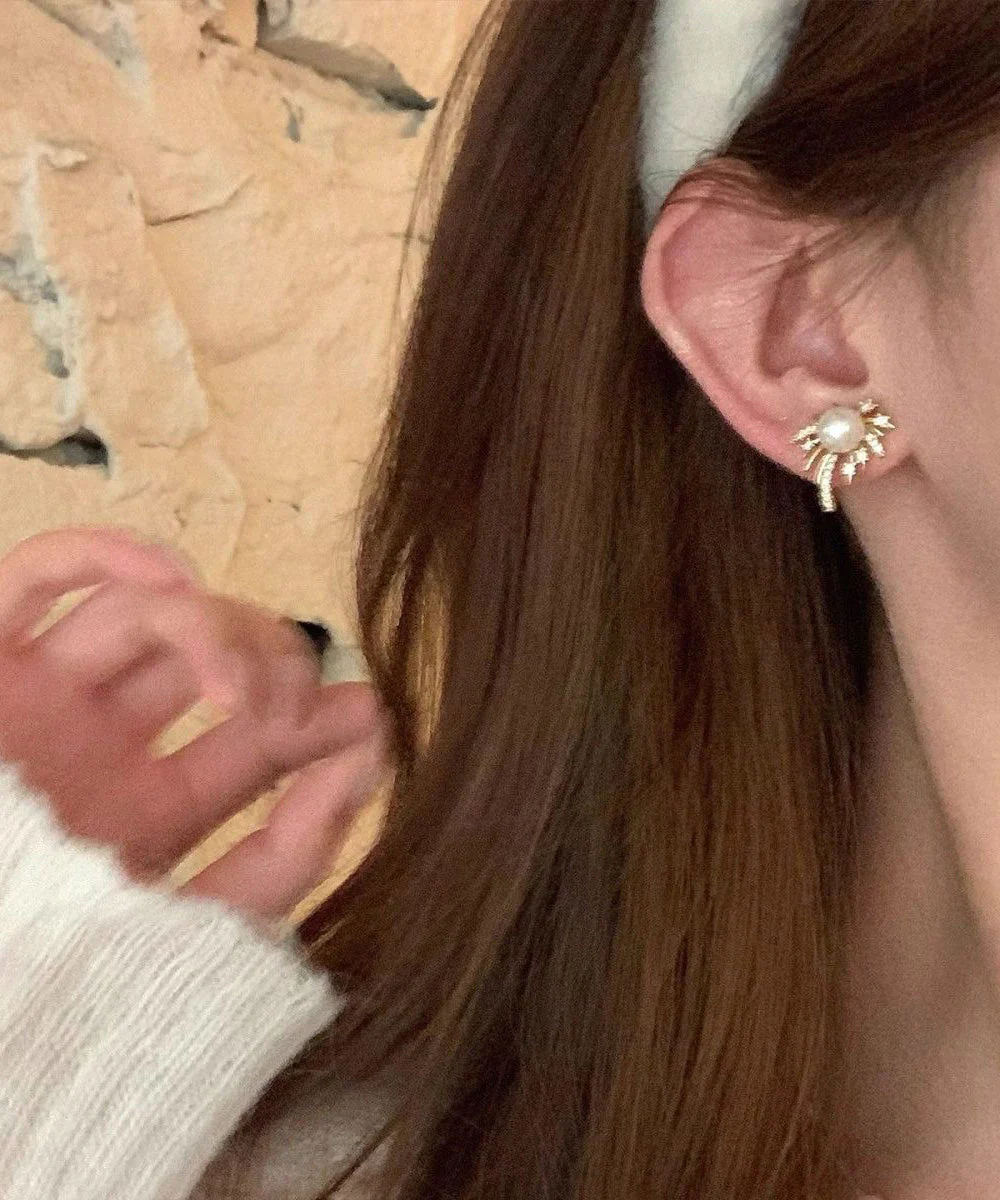 Fashion Gold Alloy Zircon Pearl Fireworks Stud Earrings - Image 3
