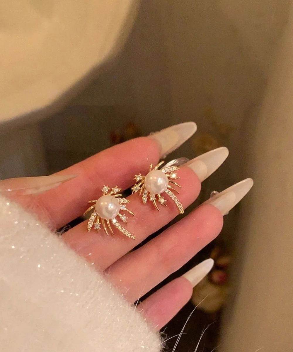 Fashion Gold Alloy Zircon Pearl Fireworks Stud Earrings - Image 5