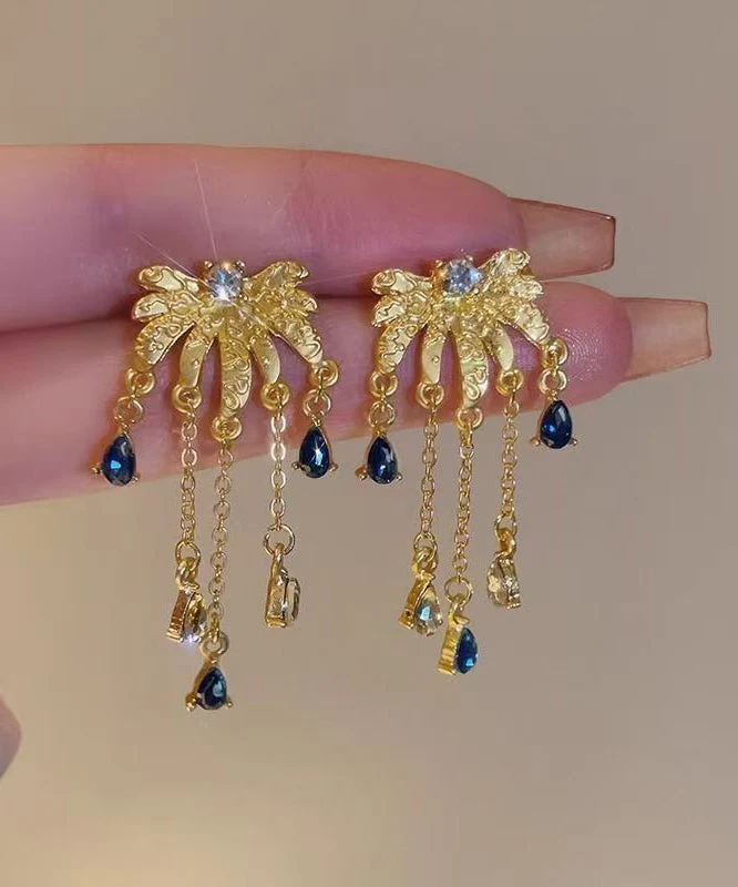 Fashion Gold Ancient Gold Zircon Fireworks Tassel Drop Earrings - Image 2