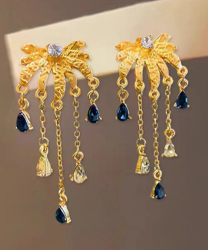 Fashion Gold Ancient Gold Zircon Fireworks Tassel Drop Earrings - Image 4