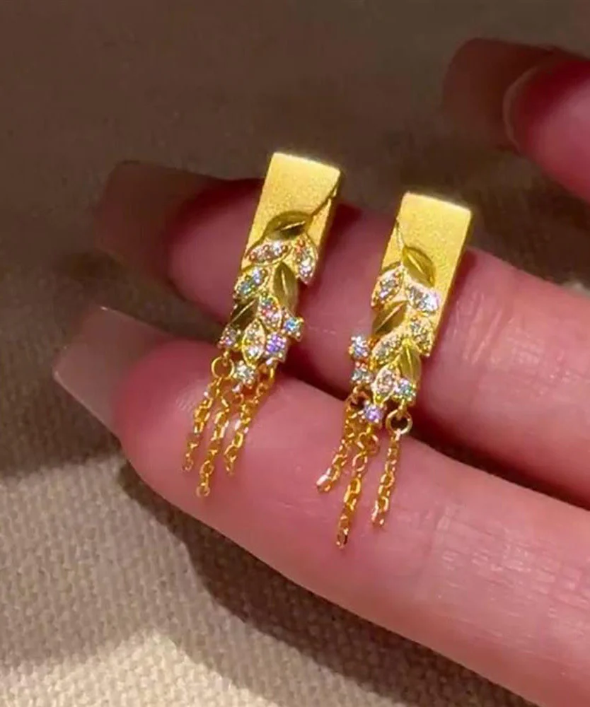 Fashion Gold Copper Alloy Zircon Fallen Leaves Tassel Stud Earrings - Image 2
