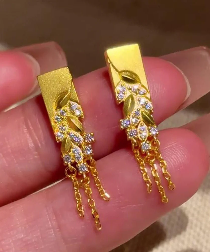 Fashion Gold Copper Alloy Zircon Fallen Leaves Tassel Stud Earrings - Image 3