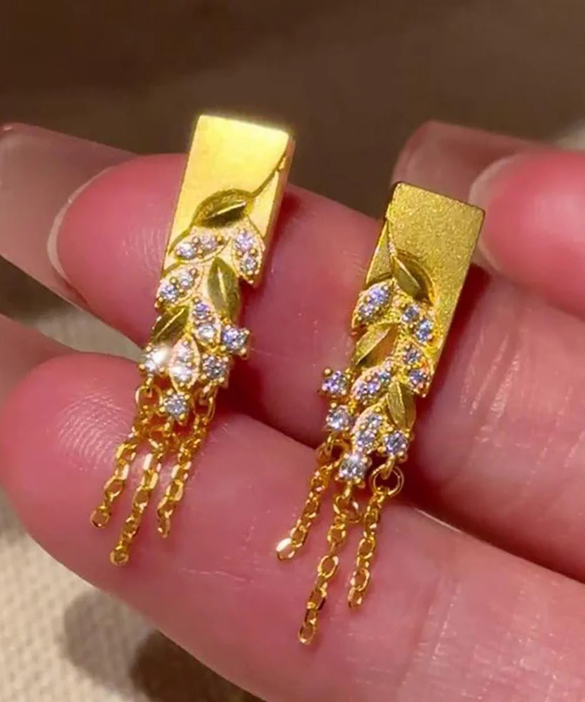 Fashion Gold Copper Alloy Zircon Fallen Leaves Tassel Stud Earrings - Image 4
