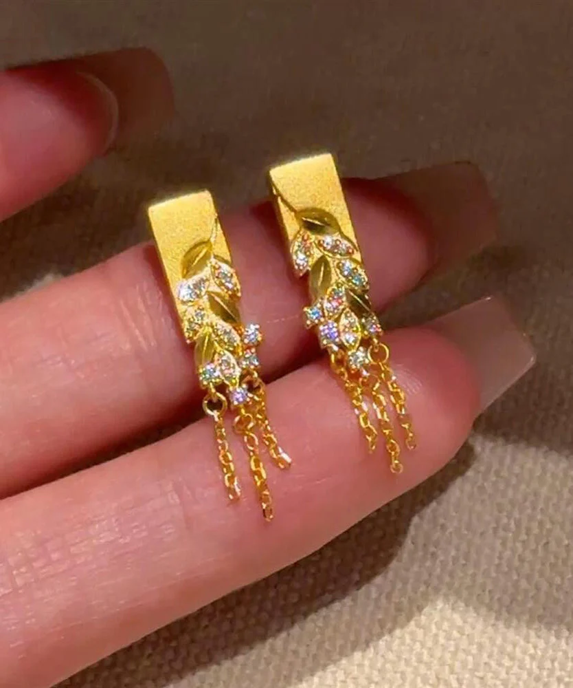 Fashion Gold Copper Alloy Zircon Fallen Leaves Tassel Stud Earrings - Image 5