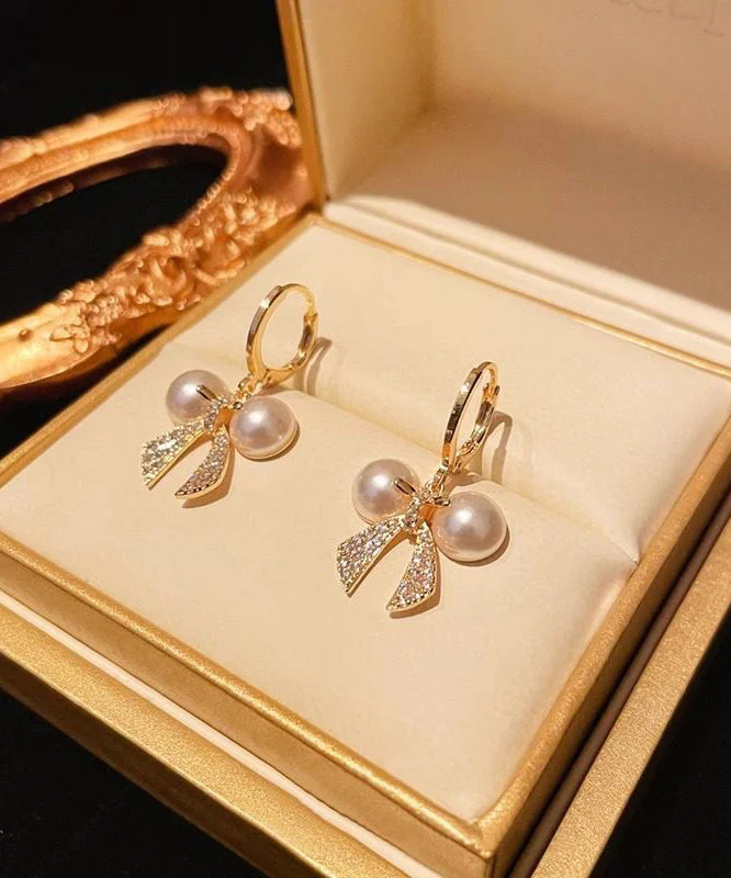 Fashion Gold Copper Alloy Zircon Patchwork Bow Pearl Hoop Earrings