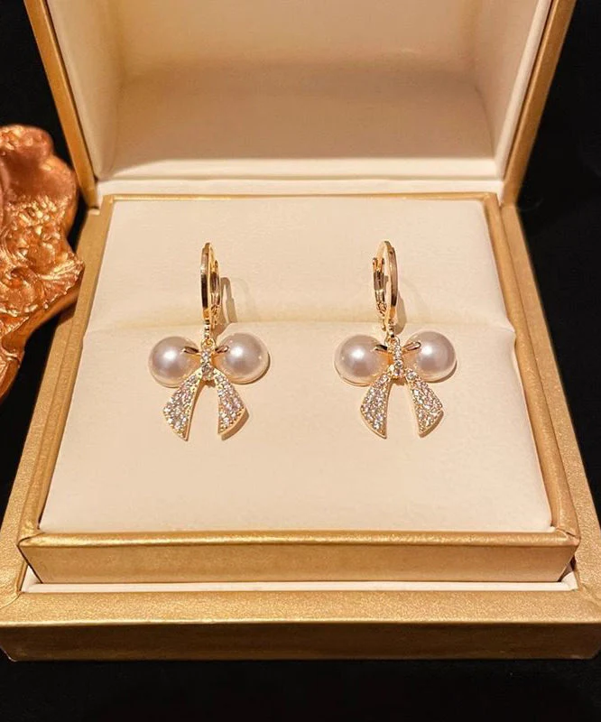 Fashion Gold Copper Alloy Zircon Patchwork Bow Pearl Hoop Earrings - Image 3