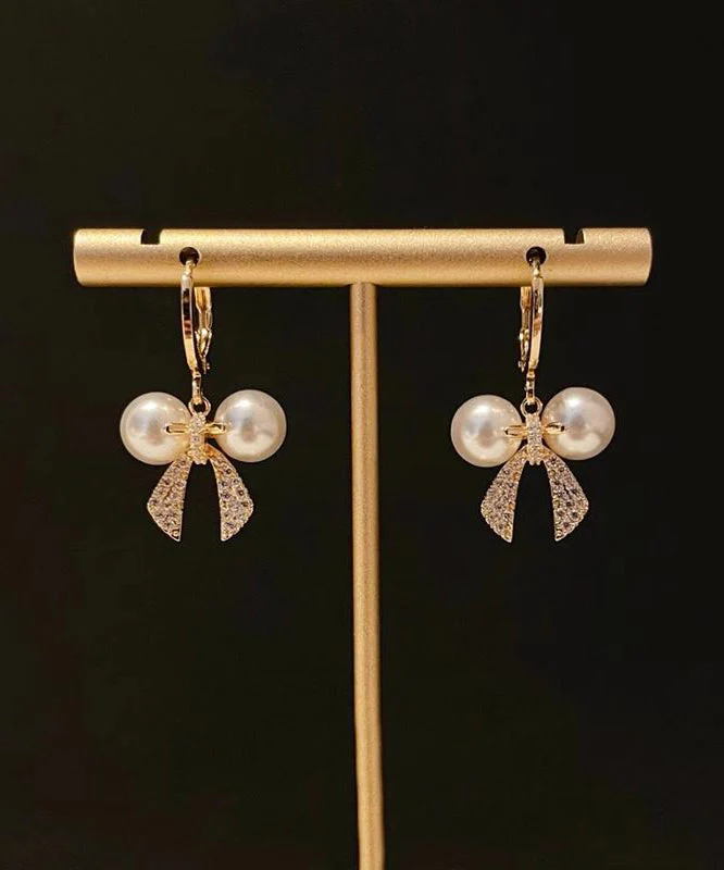 Fashion Gold Copper Alloy Zircon Patchwork Bow Pearl Hoop Earrings - Image 5