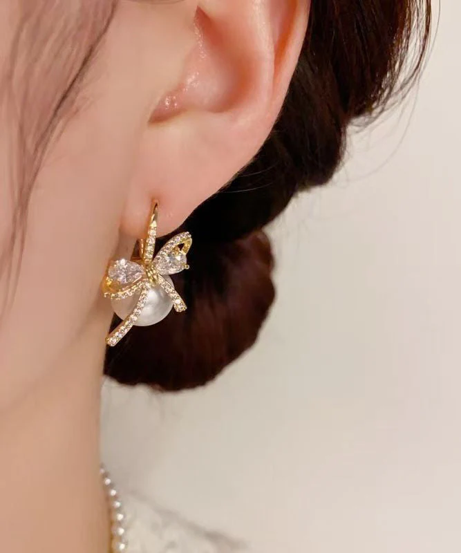 Fashion Gold Copper Overgild Zircon Bow Pearl Stud Earrings - Image 3