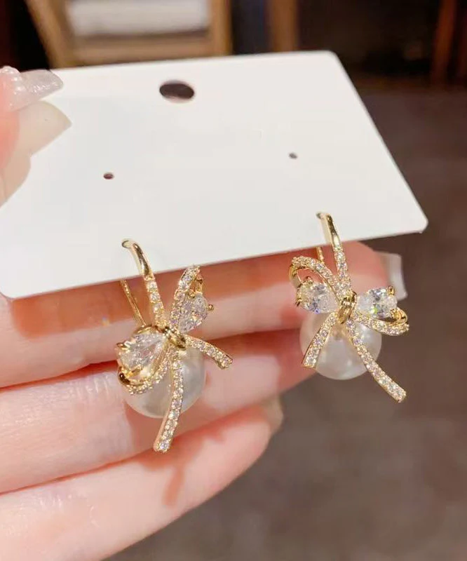 Fashion Gold Copper Overgild Zircon Bow Pearl Stud Earrings - Image 4