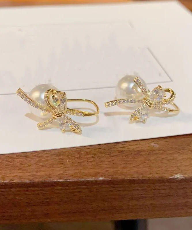 Fashion Gold Copper Overgild Zircon Bow Pearl Stud Earrings - Image 5
