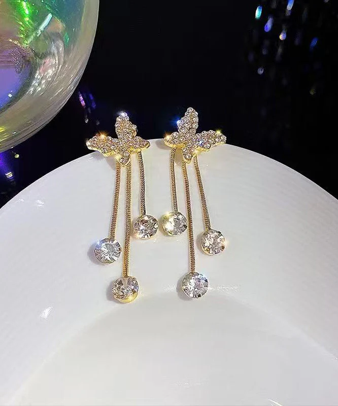 Fashion Gold Copper Overgild Zircon Butterfly Tassel Drop Earrings - Image 2