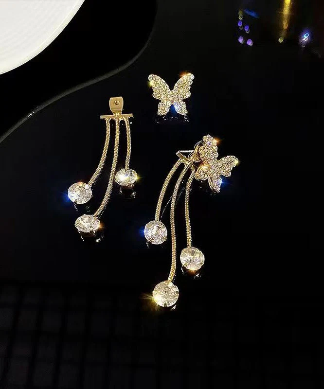 Fashion Gold Copper Overgild Zircon Butterfly Tassel Drop Earrings - Image 4