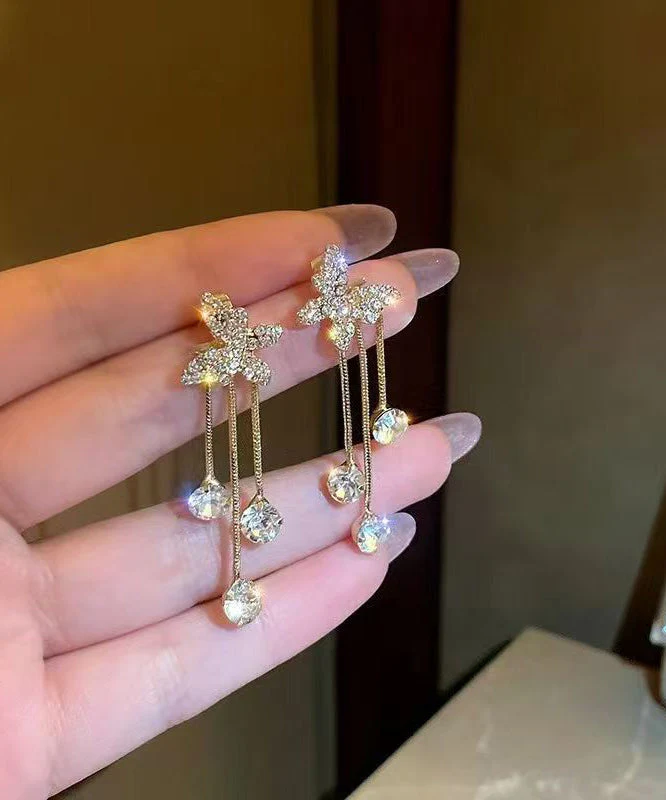 Fashion Gold Copper Overgild Zircon Butterfly Tassel Drop Earrings - Image 5