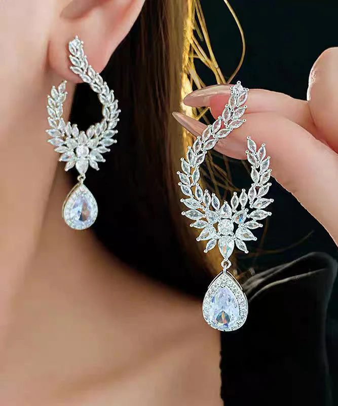 Fashion Gold Copper Overgild Zircon Leaf Water Droplet Drop Earrings - Image 2